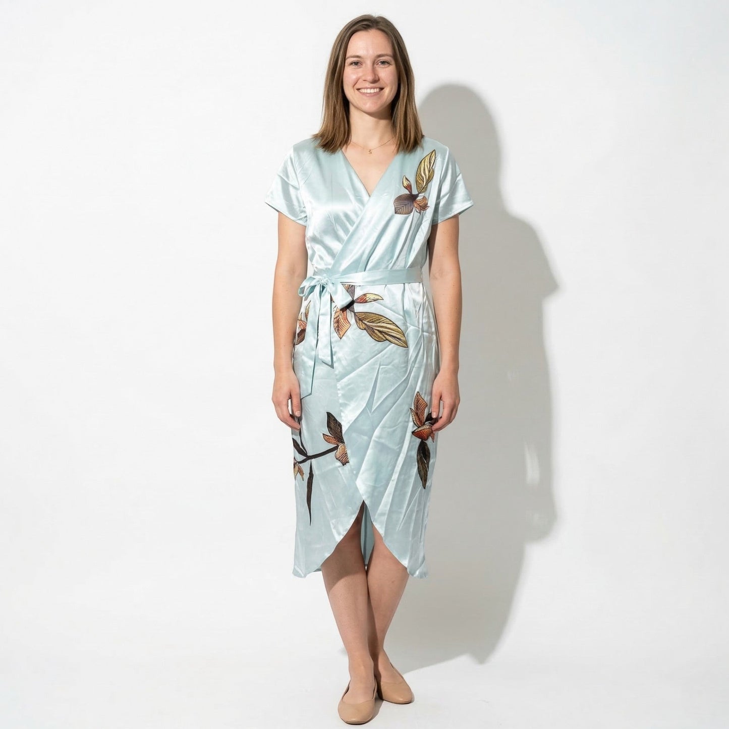 Women's Wrap Midi Dress with V-Neck and Leaf Print Short Sleeve Calf-Length made of Flowing Fabric