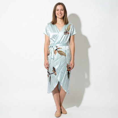 Women's Wrap Midi Dress with V-Neck and Leaf Print Short Sleeve Calf-Length made of Flowing Fabric