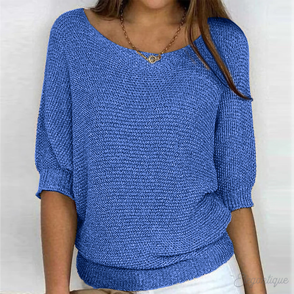 Women's knitted sweater with wide boat neckline and 3/4 sleeves
