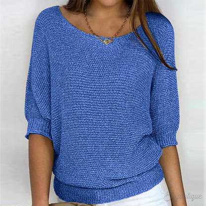 Women's knitted sweater with wide boat neckline and 3/4 sleeves