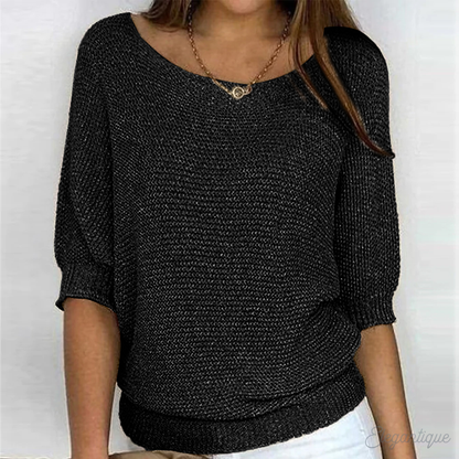 Women's knitted sweater with wide boat neckline and 3/4 sleeves