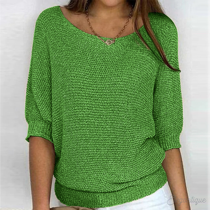 Women's knitted sweater with wide boat neckline and 3/4 sleeves