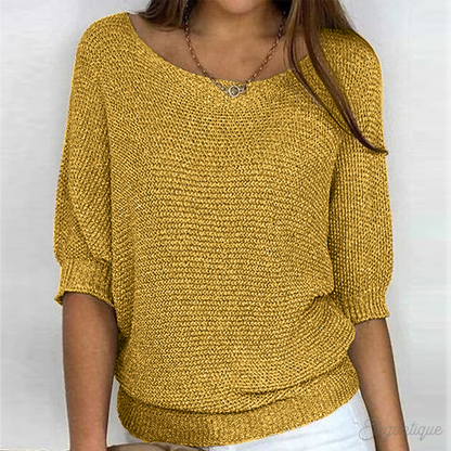 Women's knitted sweater with wide boat neckline and 3/4 sleeves