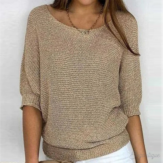 Women's knitted sweater with wide boat neckline and 3/4 sleeves
