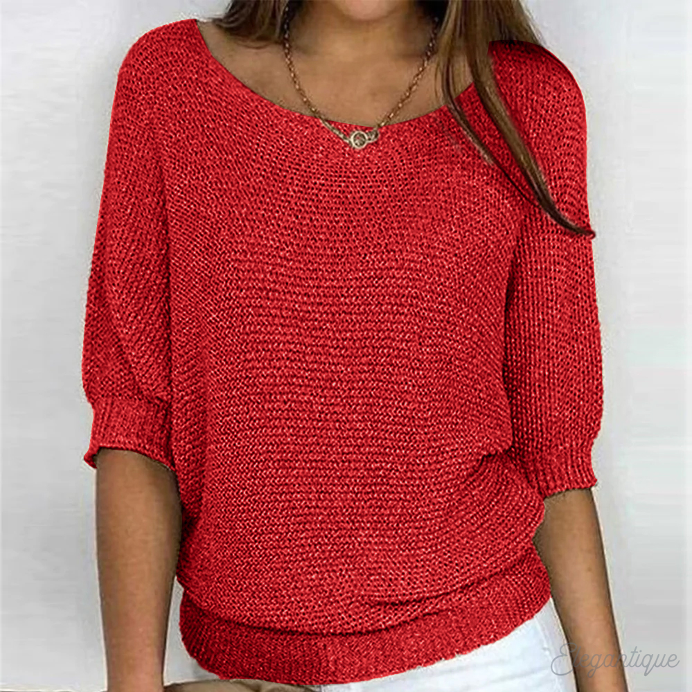 Women's knitted sweater with wide boat neckline and 3/4 sleeves