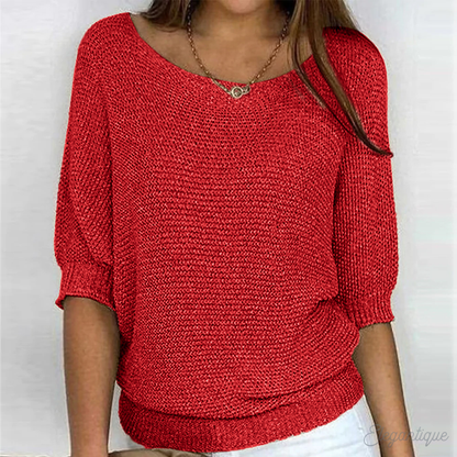 Women's knitted sweater with wide boat neckline and 3/4 sleeves
