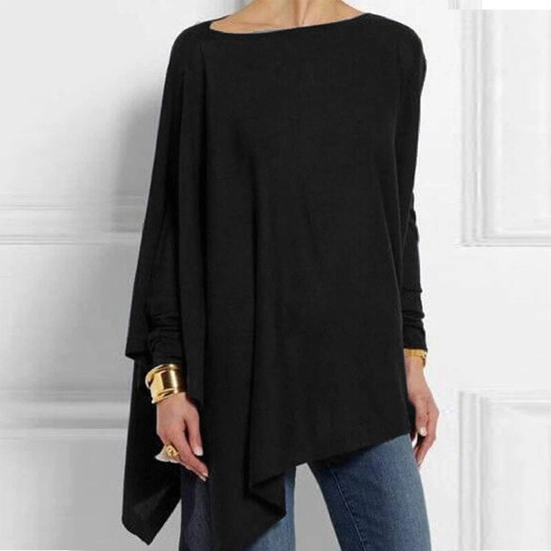 Women's summer top with boat neckline and asymmetrical hem