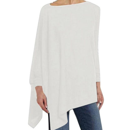 Women's summer top with boat neckline and asymmetrical hem