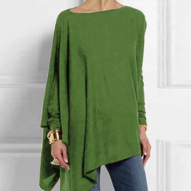 Women's summer top with boat neckline and asymmetrical hem