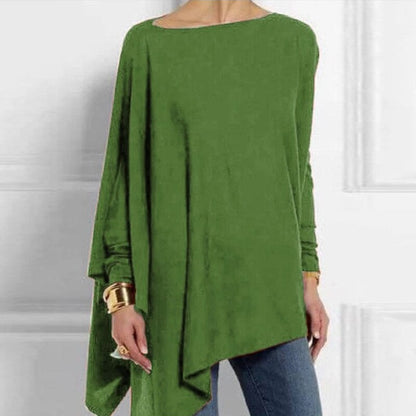 Women's summer top with boat neckline and asymmetrical hem
