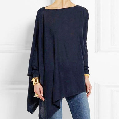 Women's summer top with boat neckline and asymmetrical hem
