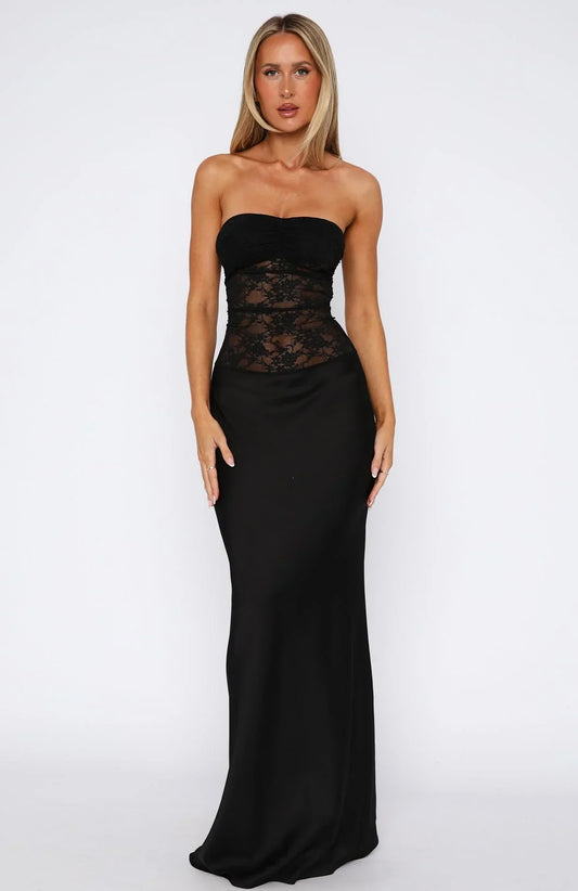 Kathy women's maxi dress with strapless design, lace details, and mermaid cut